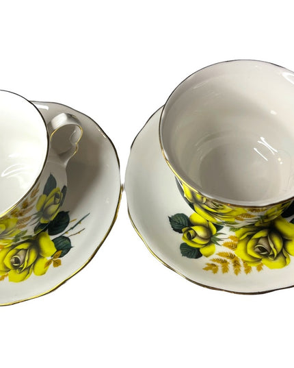 Vintage Queen Anne Yellow roses 2 Sets Tea cup & saucers England Bone China