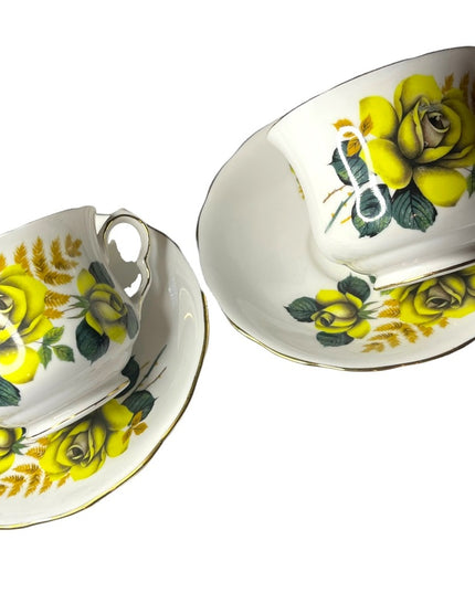 Vintage Queen Anne Yellow roses 2 Sets Tea cup & saucers England Bone China
