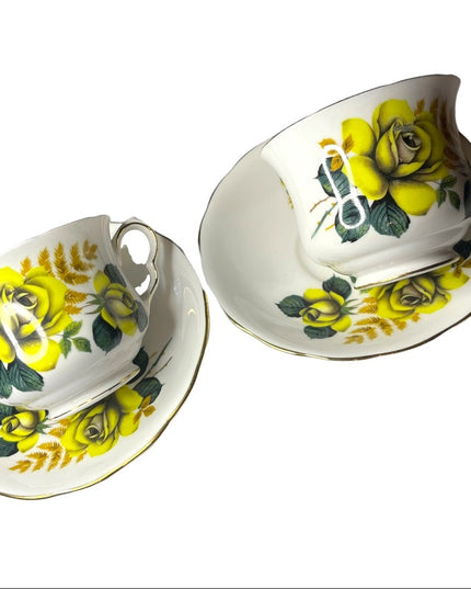 Vintage Queen Anne Yellow roses 2 Sets Tea cup & saucers England Bone China