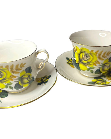 Vintage Queen Anne Yellow roses 2 Sets Tea cup & saucers England Bone China