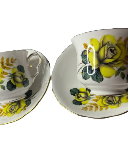 Vintage Queen Anne Yellow roses 2 Sets Tea cup & saucers England Bone China