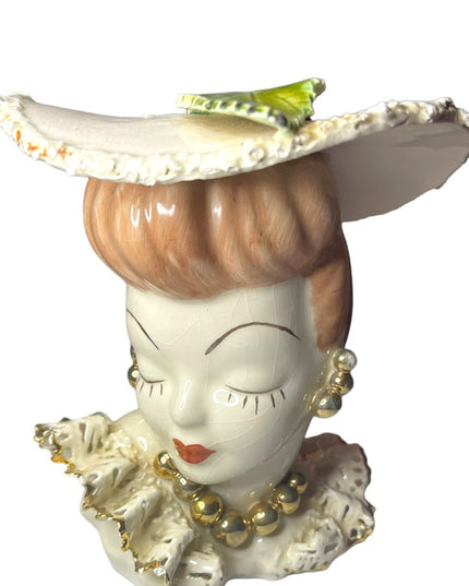 Vintage Mid Century Fancy Lady Head vase Ceramic Large