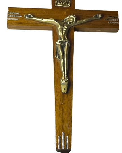 Vintage Mid Century Crucifix Olive Wood & Brass Jesus Religious 1950s