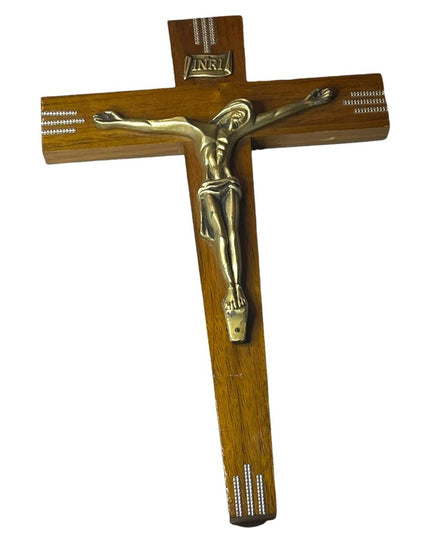 Vintage Mid Century Crucifix Olive Wood & Brass Jesus Religious 1950s