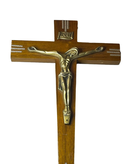 Vintage Mid Century Crucifix Olive Wood & Brass Jesus Religious 1950s