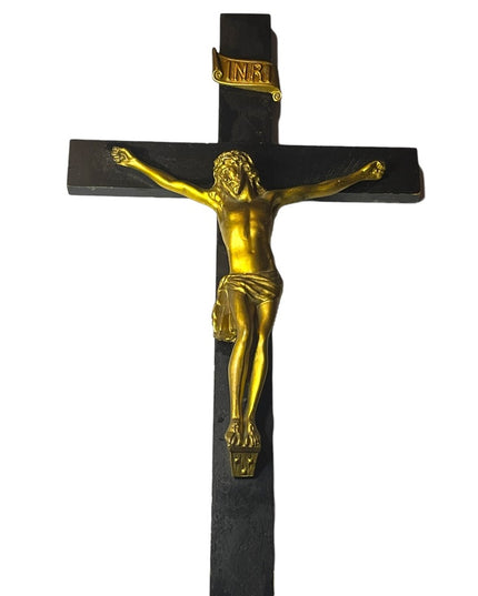 Antique Black Oak wood Victorian Heavy Brass Crucifix Religious Jesus Wall hang