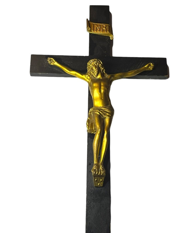 Antique Black Oak wood Victorian Heavy Brass Crucifix Religious Jesus Wall hang