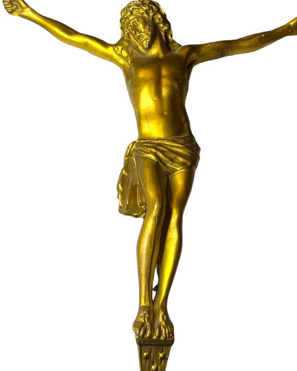 Antique Black Oak wood Victorian Heavy Brass Crucifix Religious Jesus Wall hang