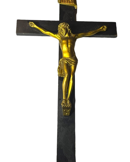 Antique Black Oak wood Victorian Heavy Brass Crucifix Religious Jesus Wall hang