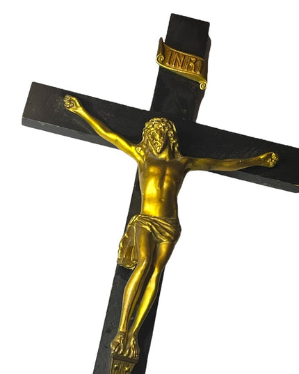 Antique Black Oak wood Victorian Heavy Brass Crucifix Religious Jesus Wall hang