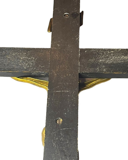 Antique Black Oak wood Victorian Heavy Brass Crucifix Religious Jesus Wall hang