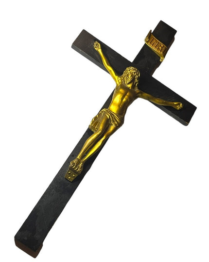 Antique Black Oak wood Victorian Heavy Brass Crucifix Religious Jesus Wall hang