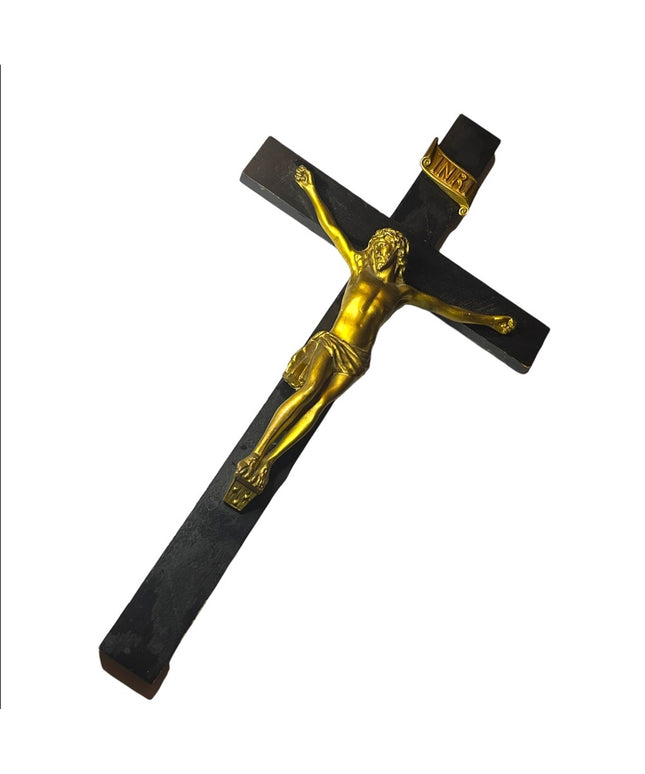 Antique Black Oak wood Victorian Heavy Brass Crucifix Religious Jesus Wall hang