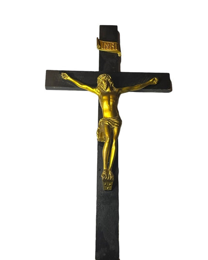 Antique Black Oak wood Victorian Heavy Brass Crucifix Religious Jesus Wall hang