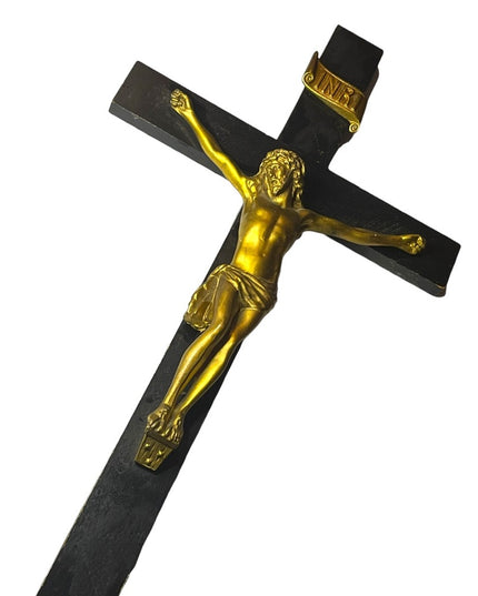 Antique Black Oak wood Victorian Heavy Brass Crucifix Religious Jesus Wall hang