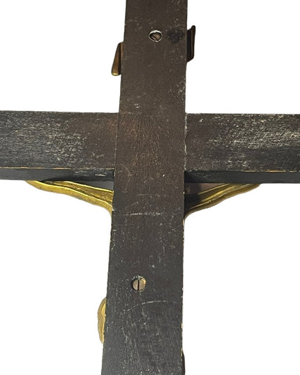 Antique Black Oak wood Victorian Heavy Brass Crucifix Religious Jesus Wall hang