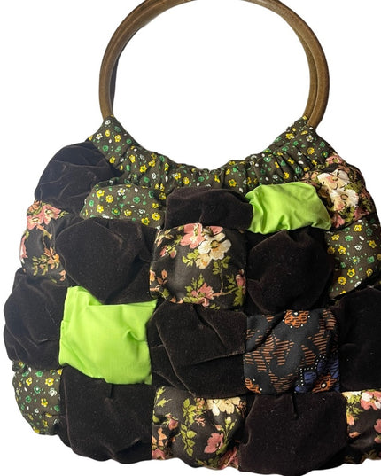 Vintage groovy 1970s Quilted purse bag velvet floral Handmade earth