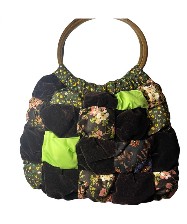 Vintage groovy 1970s Quilted purse bag velvet floral Handmade earth
