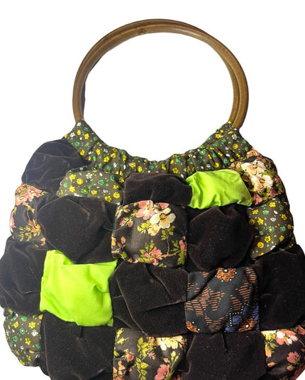 Vintage groovy 1970s Quilted purse bag velvet floral Handmade earth