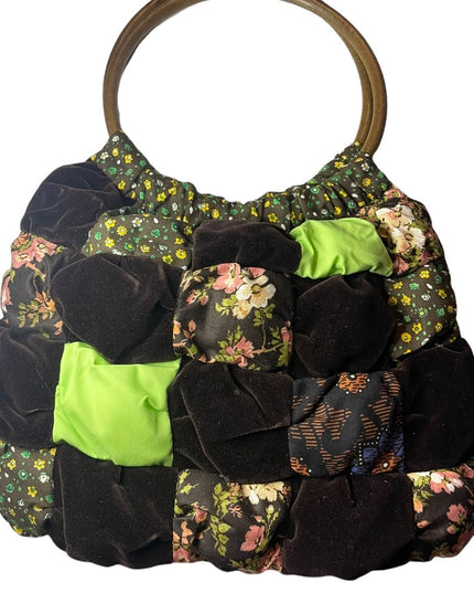 Vintage groovy 1970s Quilted purse bag velvet floral Handmade earth