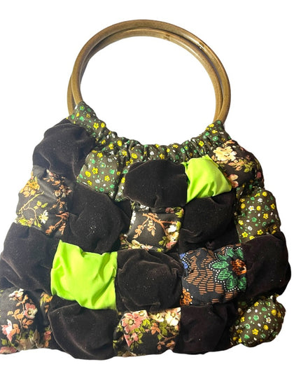 Vintage groovy 1970s Quilted purse bag velvet floral Handmade earth