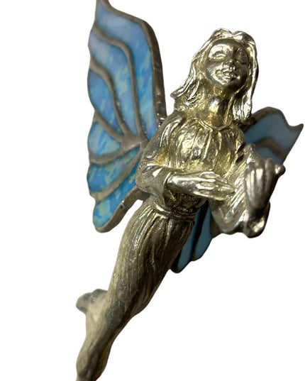 Vintage Artisan Stained glass handmade blue wing Hanging angel ornament silver