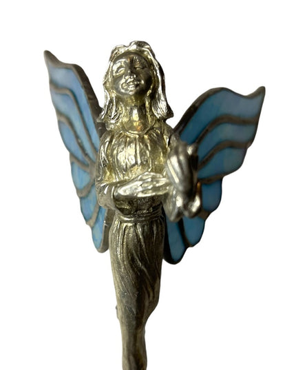 Vintage Artisan Stained glass handmade blue wing Hanging angel ornament silver