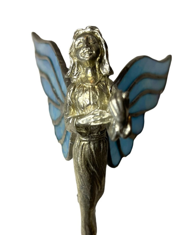 Vintage Artisan Stained glass handmade blue wing Hanging angel ornament silver
