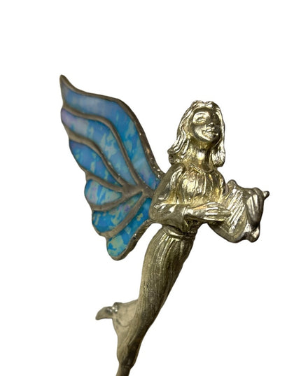 Vintage Artisan Stained glass handmade blue wing Hanging angel ornament silver