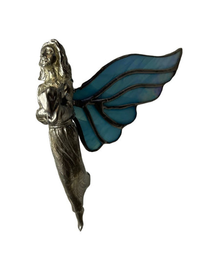 Vintage Artisan Stained glass handmade blue wing Hanging angel ornament silver