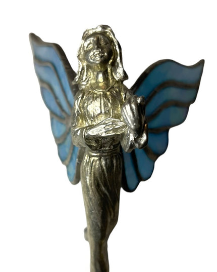 Vintage Artisan Stained glass handmade blue wing Hanging angel ornament silver