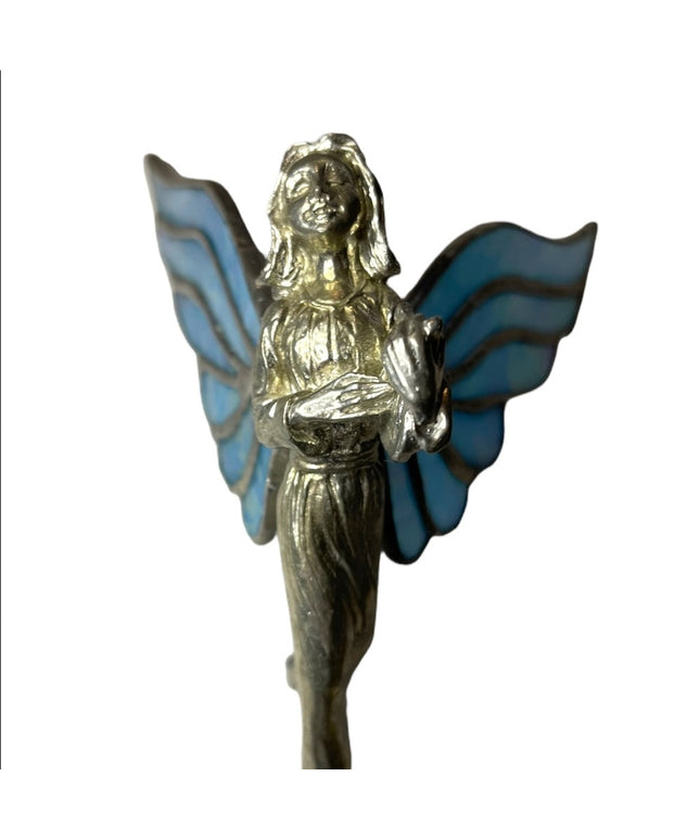Vintage Artisan Stained glass handmade blue wing Hanging angel ornament silver