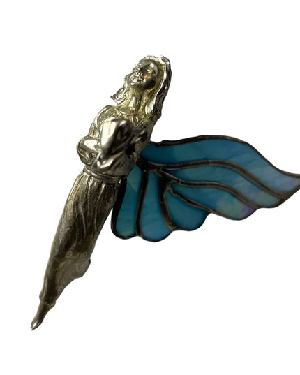 Vintage Artisan Stained glass handmade blue wing Hanging angel ornament silver