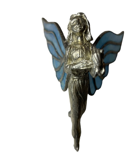 Vintage Artisan Stained glass handmade blue wing Hanging angel ornament silver