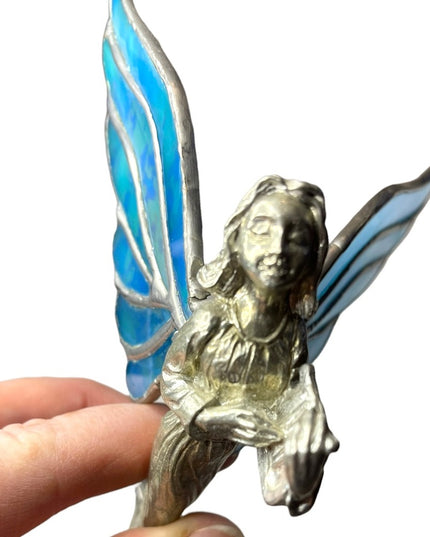 Vintage Artisan Stained glass handmade blue wing Hanging angel ornament silver