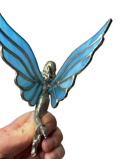 Vintage Artisan Stained glass handmade blue wing Hanging angel ornament silver
