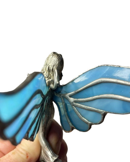 Vintage Artisan Stained glass handmade blue wing Hanging angel ornament silver