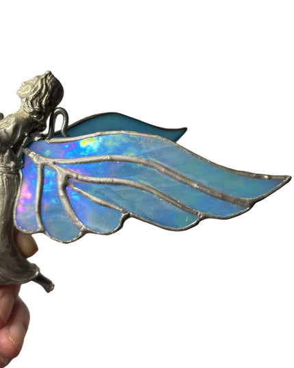 Vintage Artisan Stained glass handmade blue wing Hanging angel ornament silver
