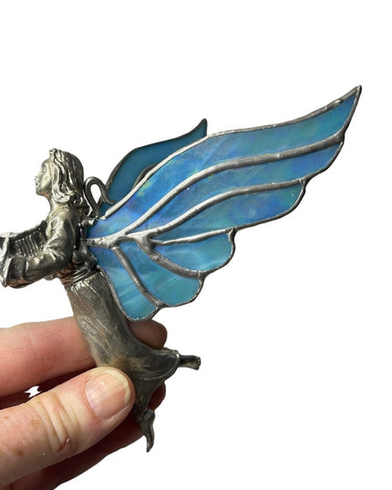 Vintage Artisan Stained glass handmade blue wing Hanging angel ornament silver