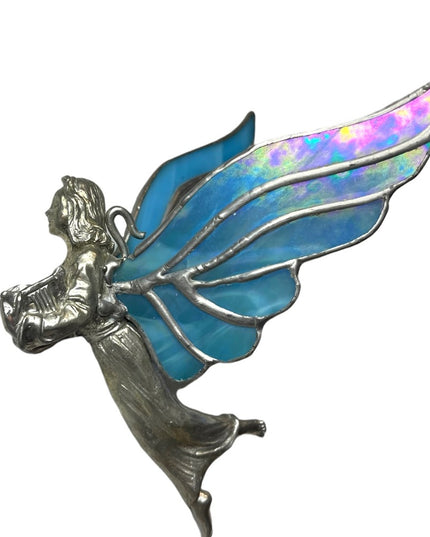 Vintage Artisan Stained glass handmade blue wing Hanging angel ornament silver