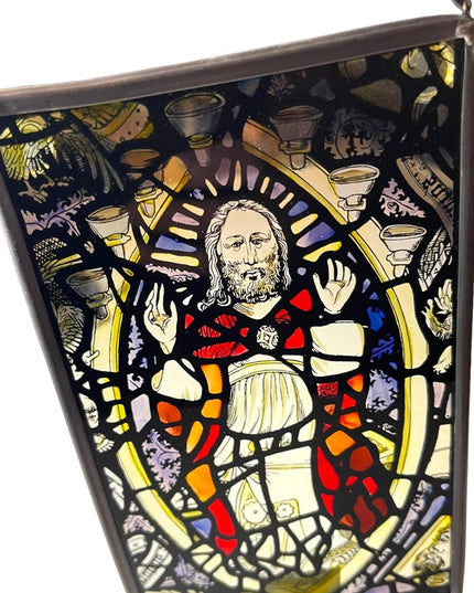 Vintage Artisan Handmade Stained glass religious Jesus window hanging Christ