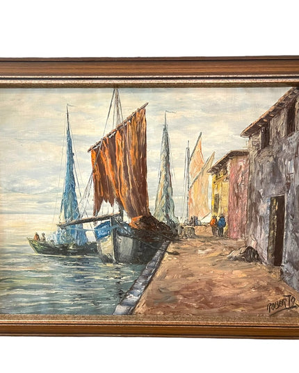 Vintage Nautical Oil Painting on Canvas Signed ROBERTO Sail boats Mid Century