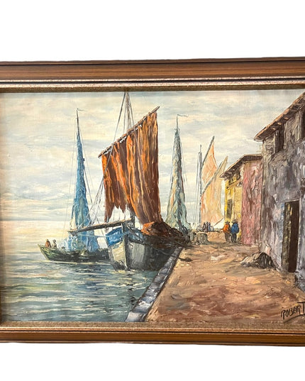 Vintage Nautical Oil Painting on Canvas Signed ROBERTO Sail boats Mid Century