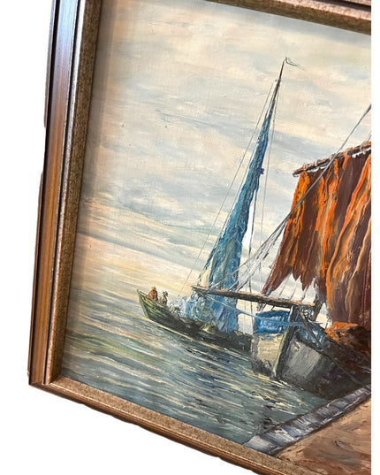 Vintage Nautical Oil Painting on Canvas Signed ROBERTO Sail boats Mid Century