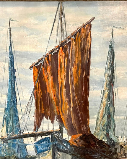 Vintage Nautical Oil Painting on Canvas Signed ROBERTO Sail boats Mid Century