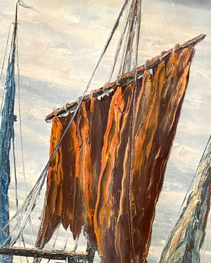 Vintage Nautical Oil Painting on Canvas Signed ROBERTO Sail boats Mid Century