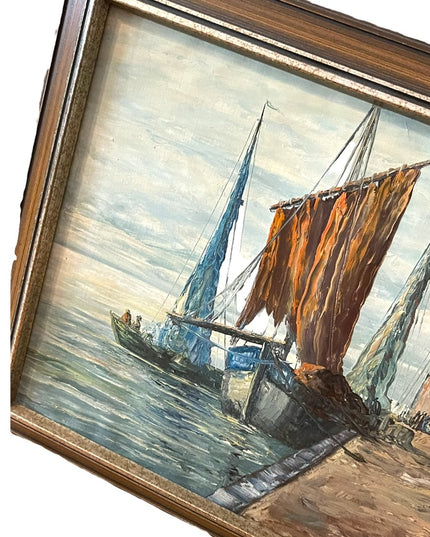 Vintage Nautical Oil Painting on Canvas Signed ROBERTO Sail boats Mid Century