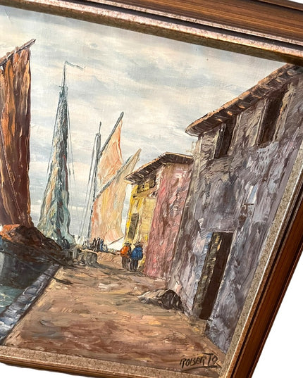 Vintage Nautical Oil Painting on Canvas Signed ROBERTO Sail boats Mid Century