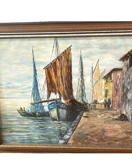 Vintage Nautical Oil Painting on Canvas Signed ROBERTO Sail boats Mid Century