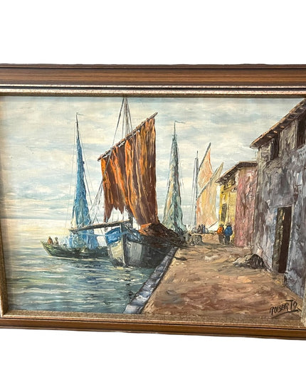 Vintage Nautical Oil Painting on Canvas Signed ROBERTO Sail boats Mid Century